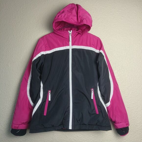 Lands End Women's Pink and Black Hooded Rain Jacket, Full Zip,‎ Size L-14, Used - Picture 1 of 8